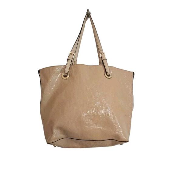 Michael Kors Beige Patent Leather-Signature Embossed-Jet Set Tote Handbag - Picture 2 of 5